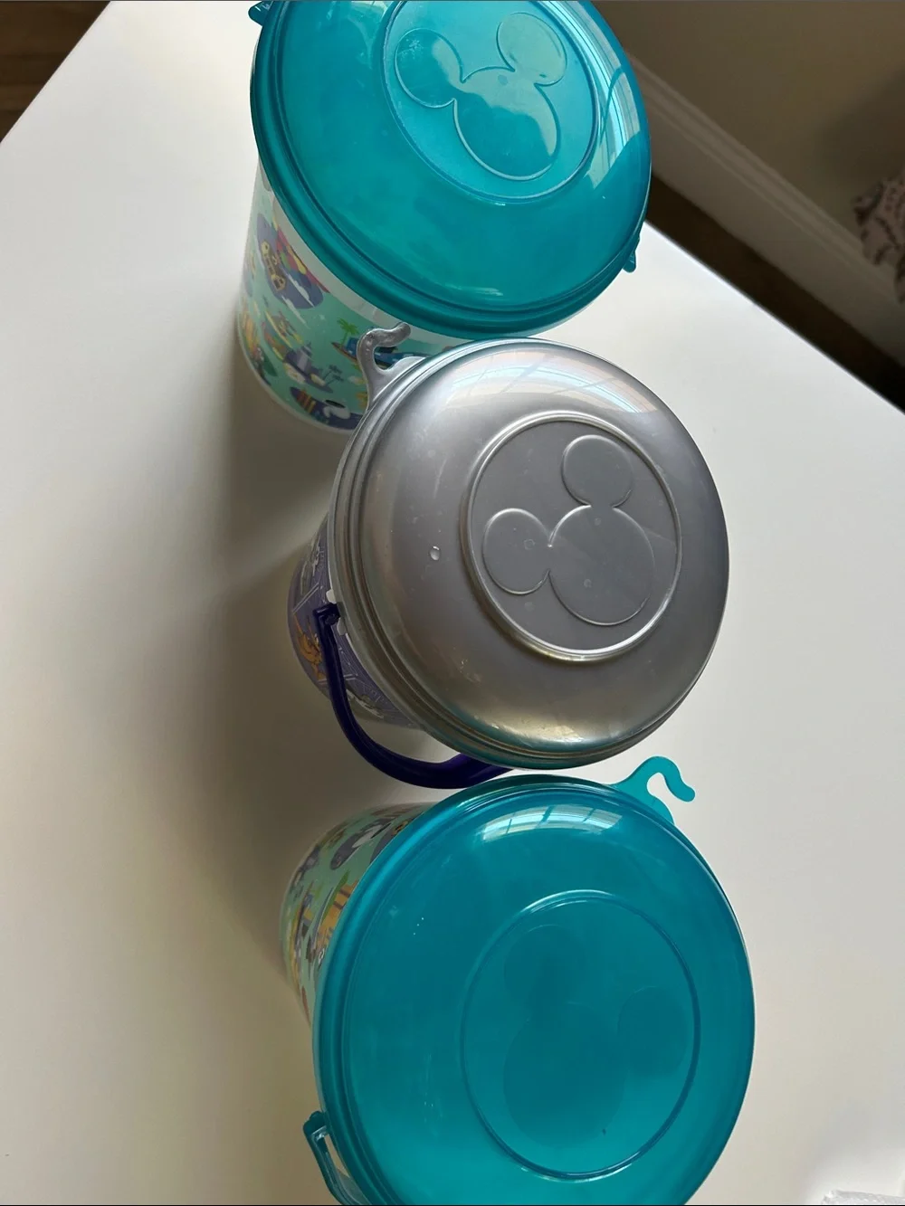 Disney Popcorn Buckets with Teal and Silver Lids